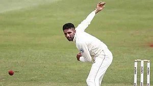 Photo: X | Keshav Maharaj : South Africa's Keshav Maharaj bowling against West Indies in 1st Test match.